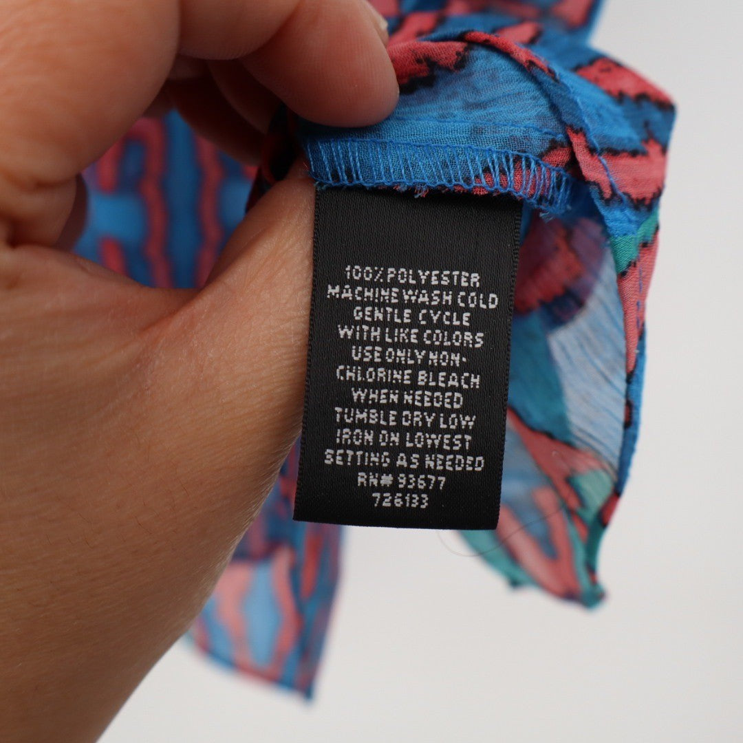 Nicole Miller M Cold Shoulder Tie Neck Blouse Top Geometric Print Blue Pink M