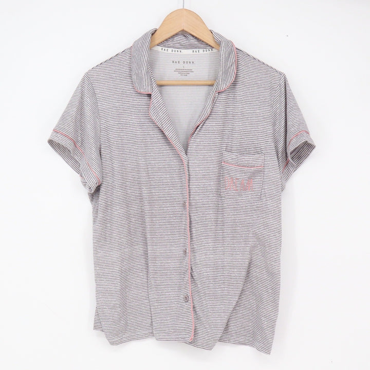 Rae Dunn Pajama Set Women's L Grey Striped Button-Down Excellent