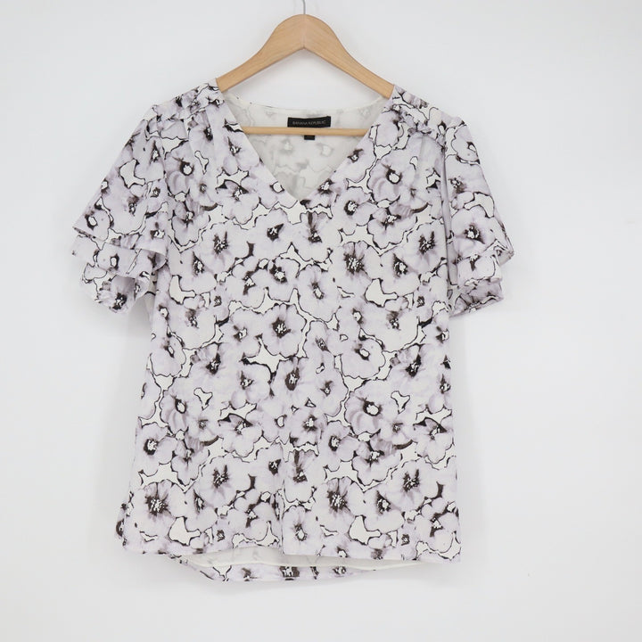 Banana Republic Womens Floral V-Neck Blouse Tiered Flutter Sleeve White Grey S