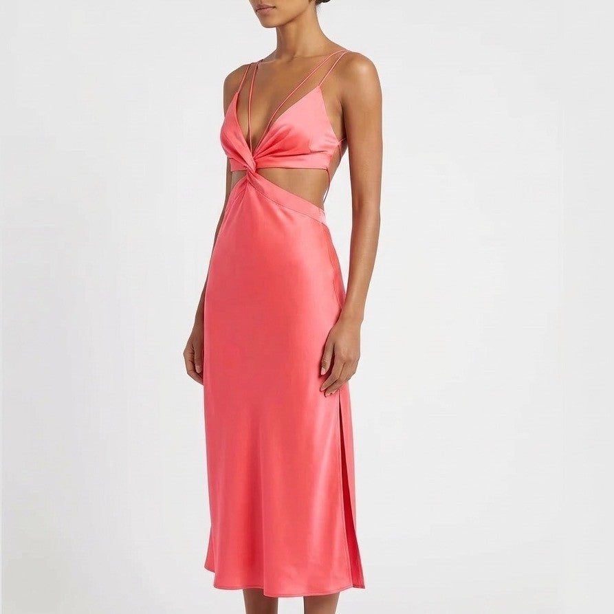Zara Midi Dress Womens Small Pink Cut Out V-Neck Strappy Backless Cocktail Party