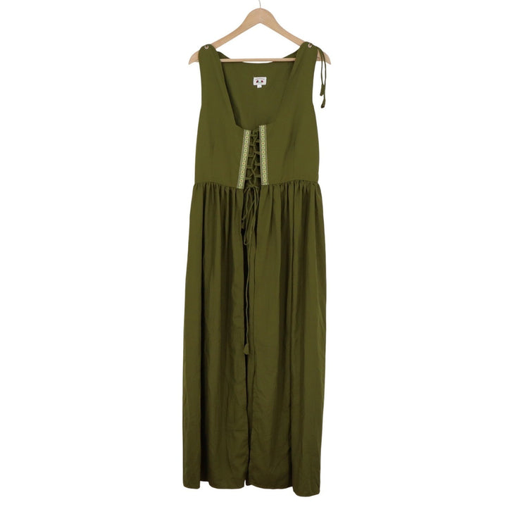 Reminisce Olive Green Renaissance Maxi Dress Lace Up Boho L/XL