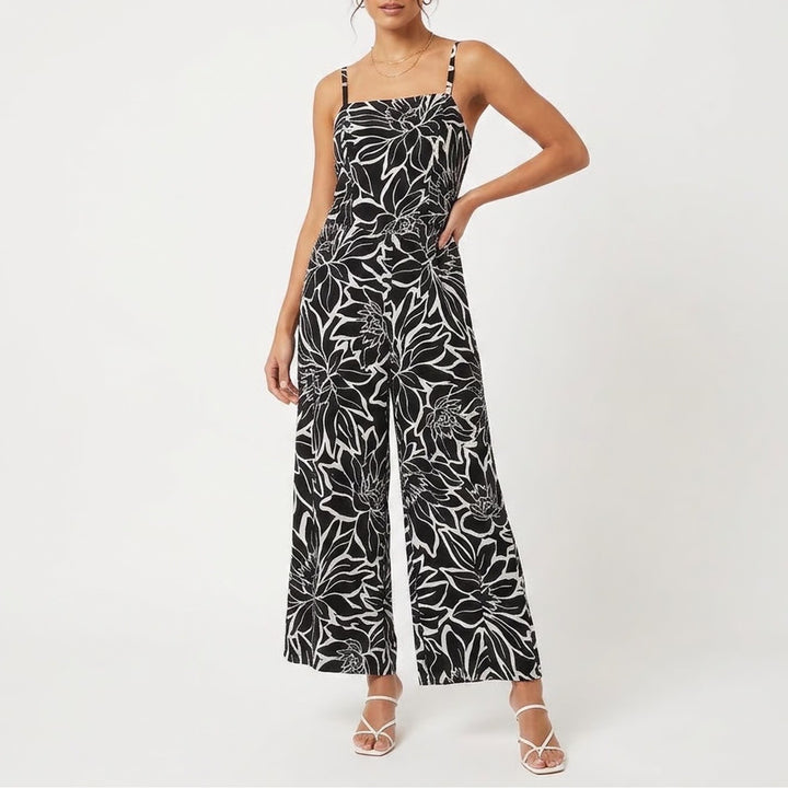 As U Wish Womens Floral Jumpsuit Black White Rayon Linen Wide Leg Size M