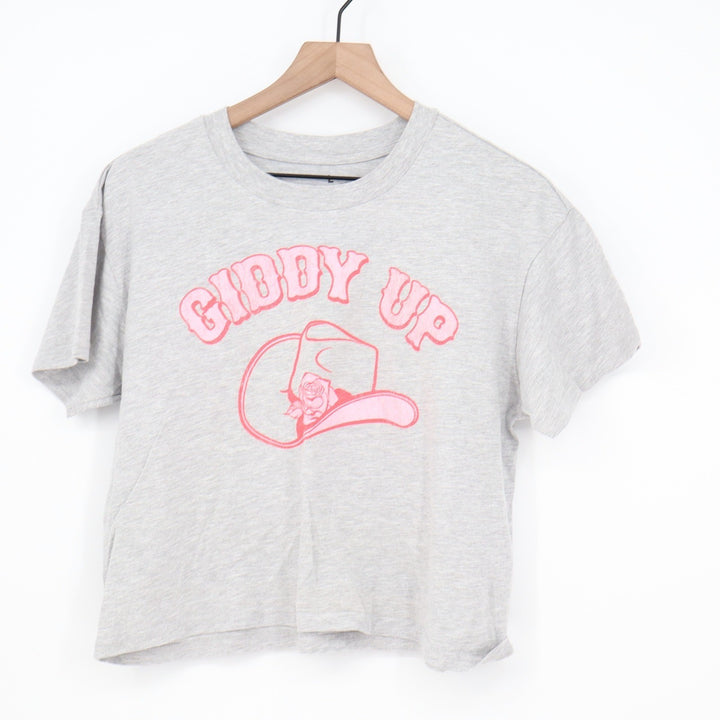 Goodie Two Sleeves Giddy Up Graphic Tee Heather Gray Pink Western Cowgirl Large