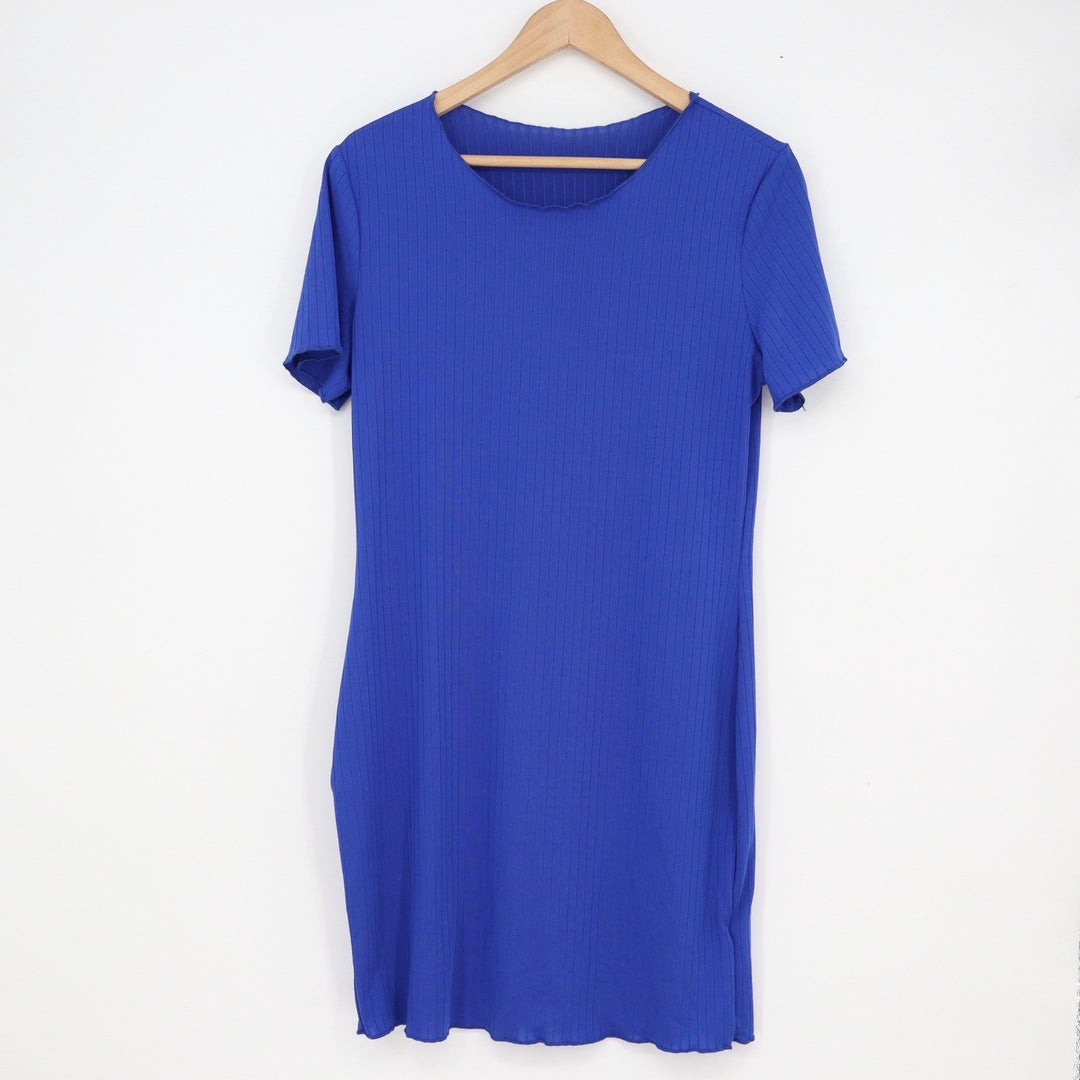 Royal Blue Ribbed Knit Short Sleeve T-Shirt Dress Crew Neck Size Large