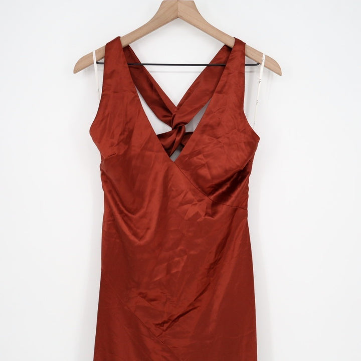 Lulus Purely Elegant Maxi Dress Womens Medium Rust Brown Satin Twist-Back Lined