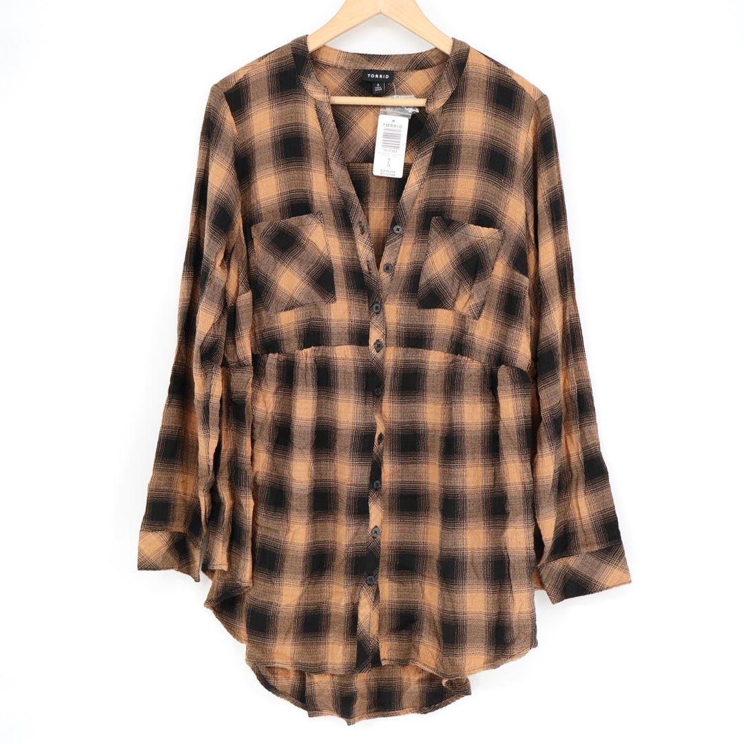 Torrid Emma Babydoll Crinkle Gauze Tunic Top Womens 0 Brown Plaid Long Sleeve