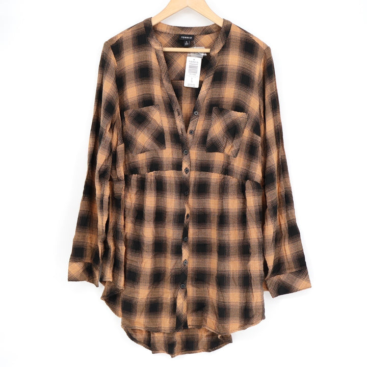 Torrid Emma Babydoll Crinkle Gauze Tunic Top Womens 0 Brown Plaid Long Sleeve