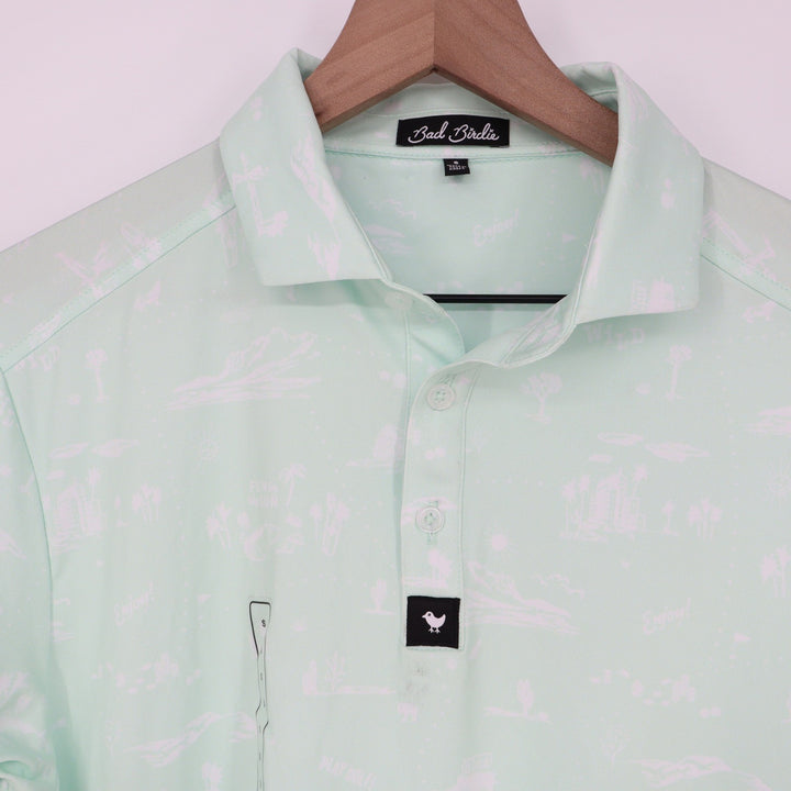 Bad Birdie Mens Mint Green Desert Cactus Print Performance Golf Polo Shirt S