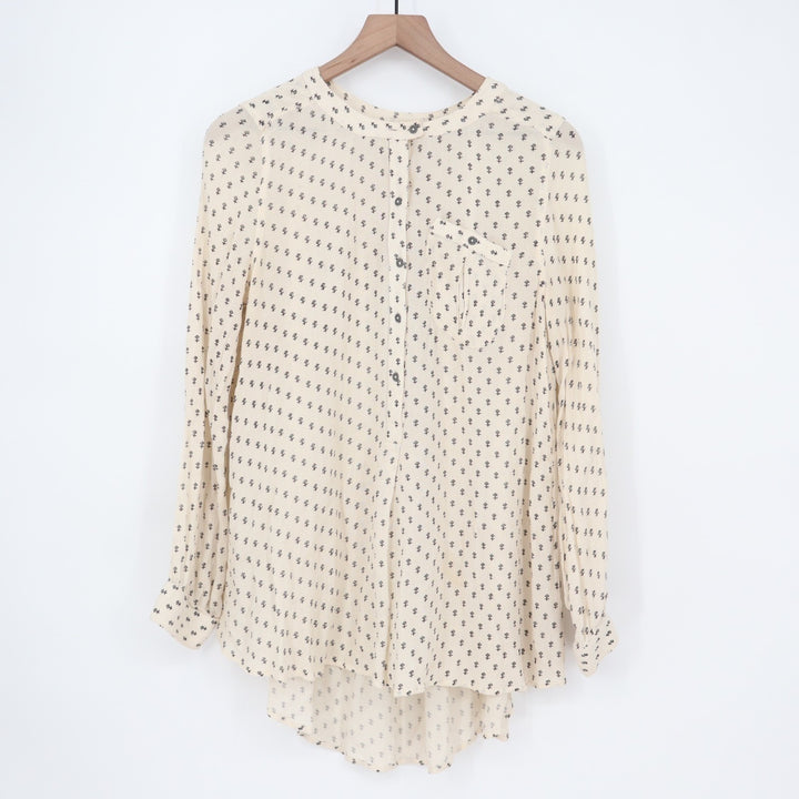 Free People Tunic Top Womens M Beige Printed Pleated High Low Hem Long Sleeve