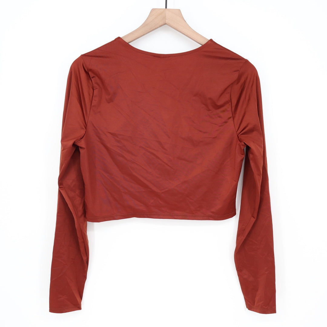 Calia Womens LS Ruched Rashguard Red Brown Shine Crop Swim Top L