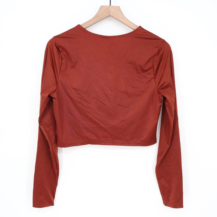 Calia Womens LS Ruched Rashguard Red Brown Shine Crop Swim Top L