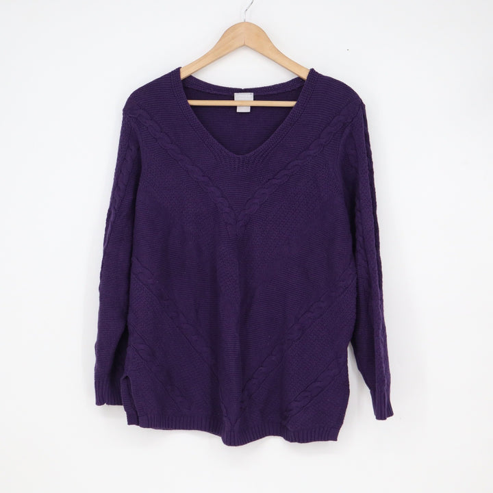 Chico's Zenergy Purple V-Neck Chevron Cable Knit Cashmere Blend Sweater Size 2 L