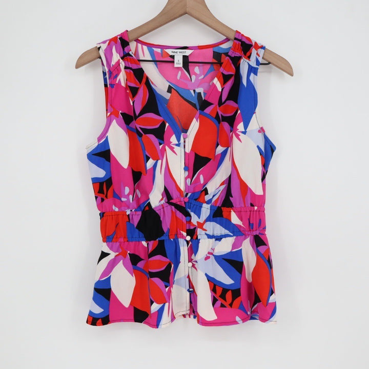 Nine West Sleeveless V Neck Peplum Top Floral Print Pink Blue Women's Size S