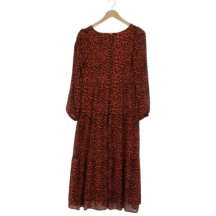 Loft Womens Rust Orange Leopard Print Tiered V-Neck Midi Dress Size 8
