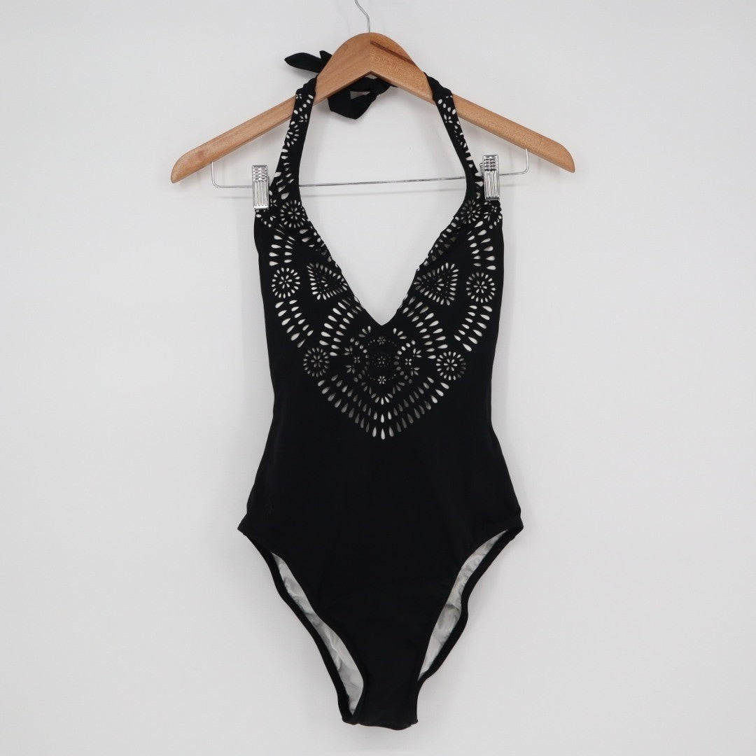 Polo Ralph Lauren One-Piece Womens S Black Laser Cut Plunge Halter Neck Swimsuit