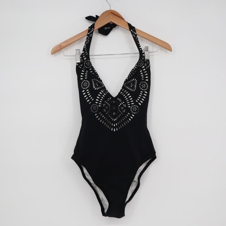 Polo Ralph Lauren One-Piece Womens S Black Laser Cut Plunge Halter Neck Swimsuit