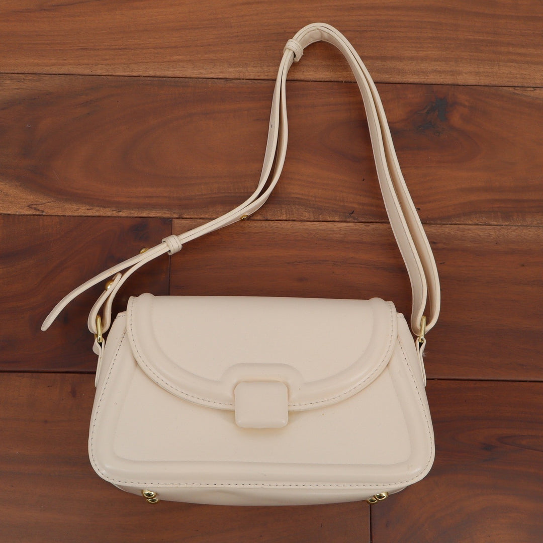 Cream Structured Faux Leather Shoulder Bag Minimalist Gold Hardware KLR 155