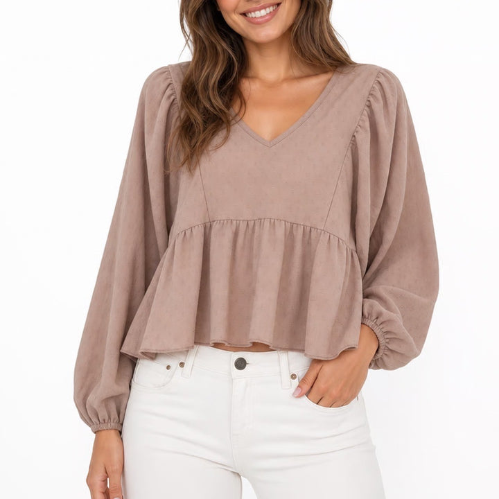 Shein Mauve Textured V-Neck Puff Sleeve Peplum Blouse Top Large