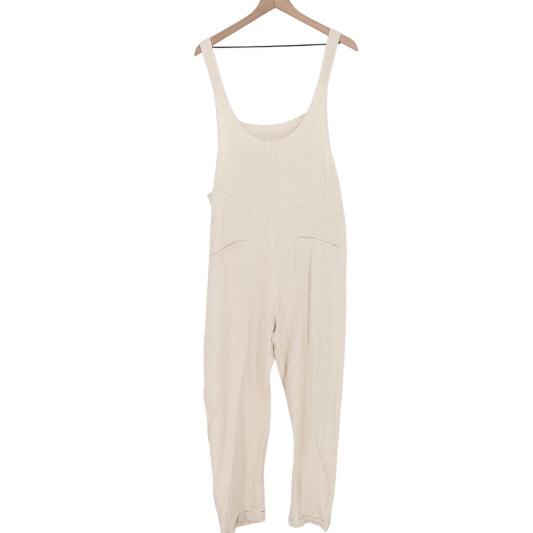 Umgee USA Linen Blend Overalls Jumpsuit Beige Tan Cropped Pants Size L