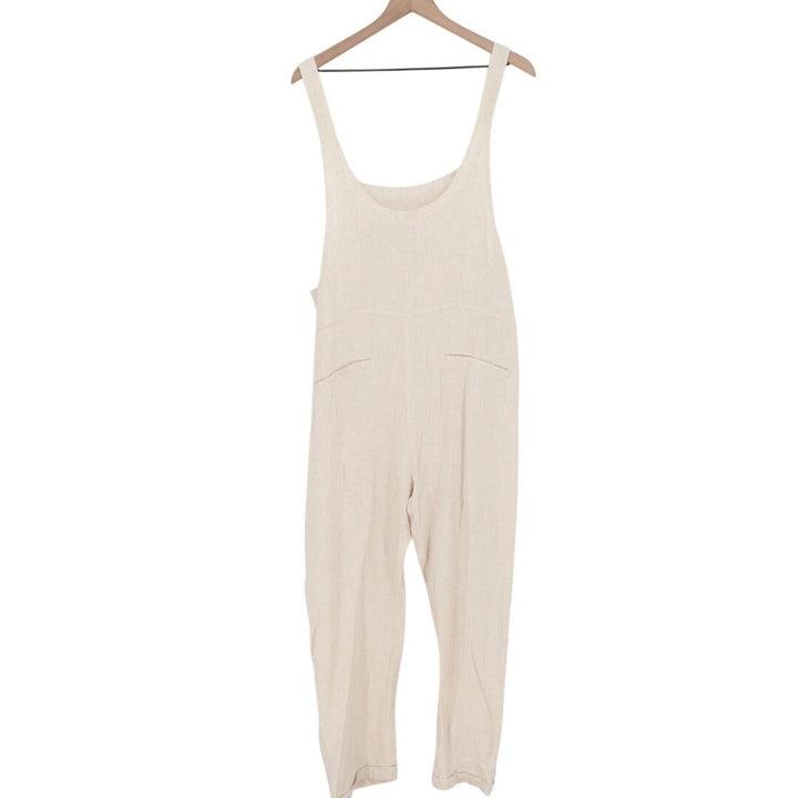 Umgee USA Linen Blend Overalls Jumpsuit Beige Tan Cropped Pants Size L