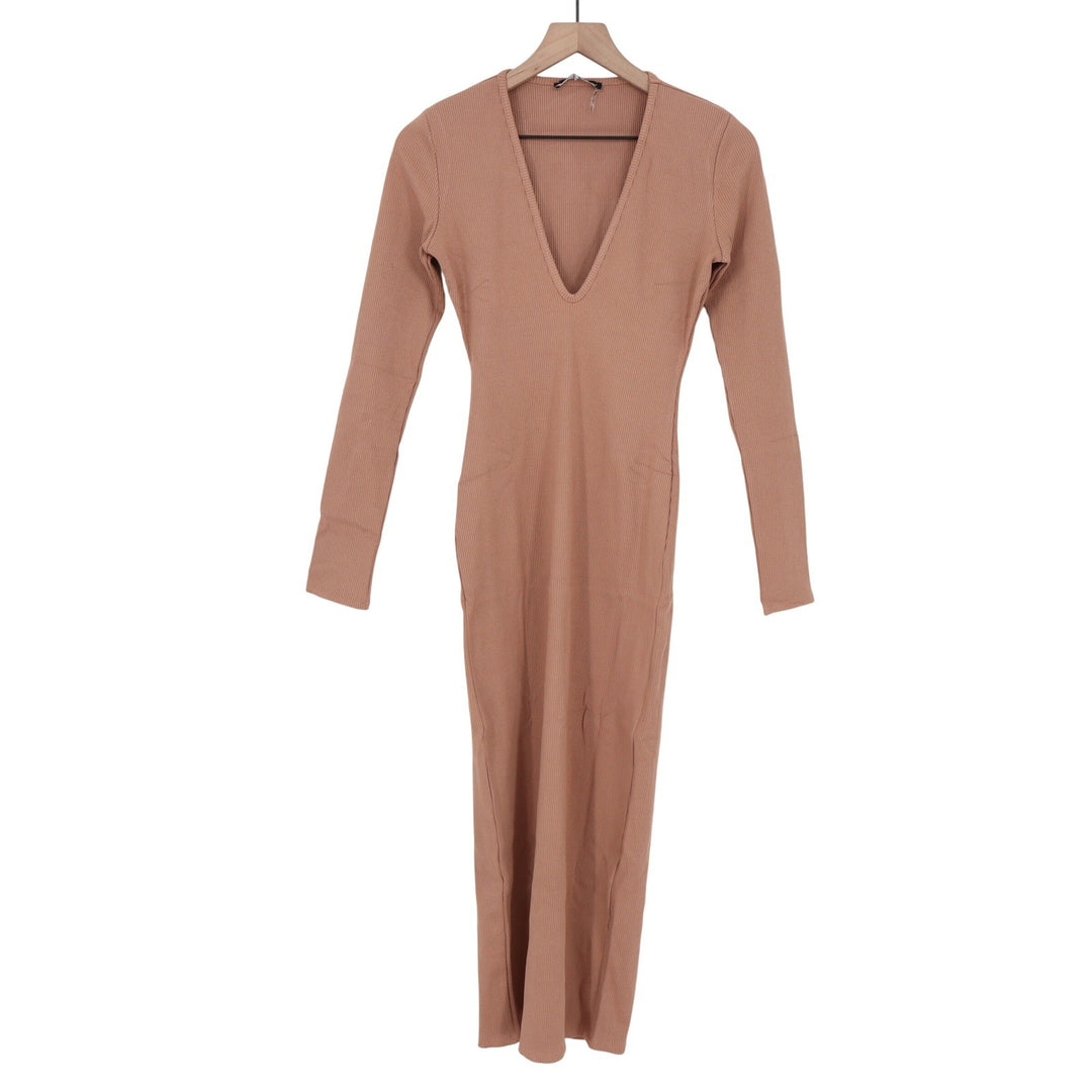 Naked Wardrobe Ribbed Deep V-Neck Maxi Dress Mauve Brown Long Sleeve Large