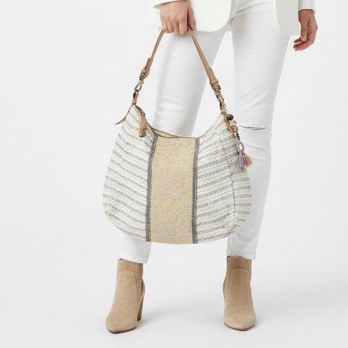 Jasper & Jeera Boho Fringe Beaded Cream Silver Striped Hobo Bag