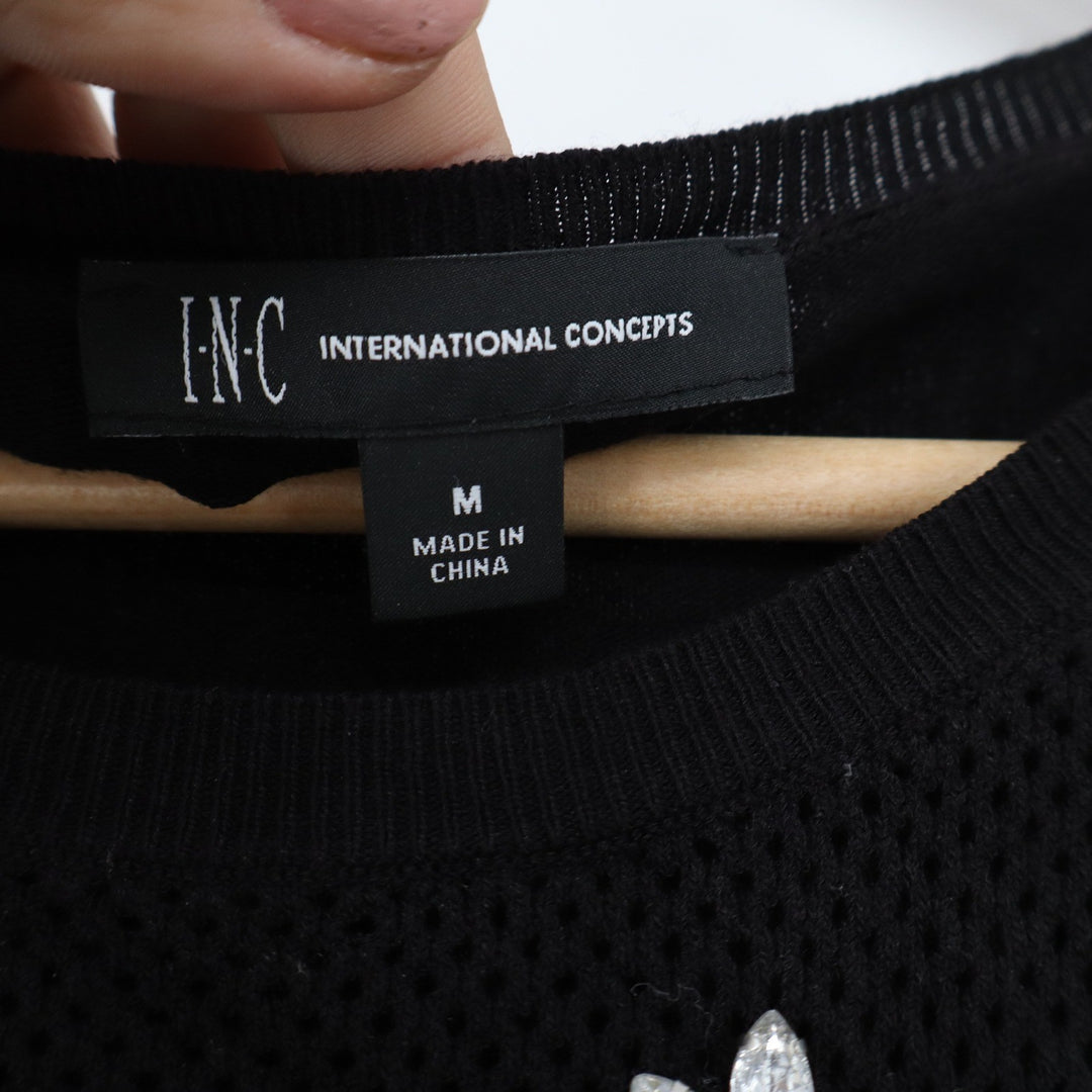INC International Concepts Womens Black Rhinestone Flower Mesh Knit Top Size M
