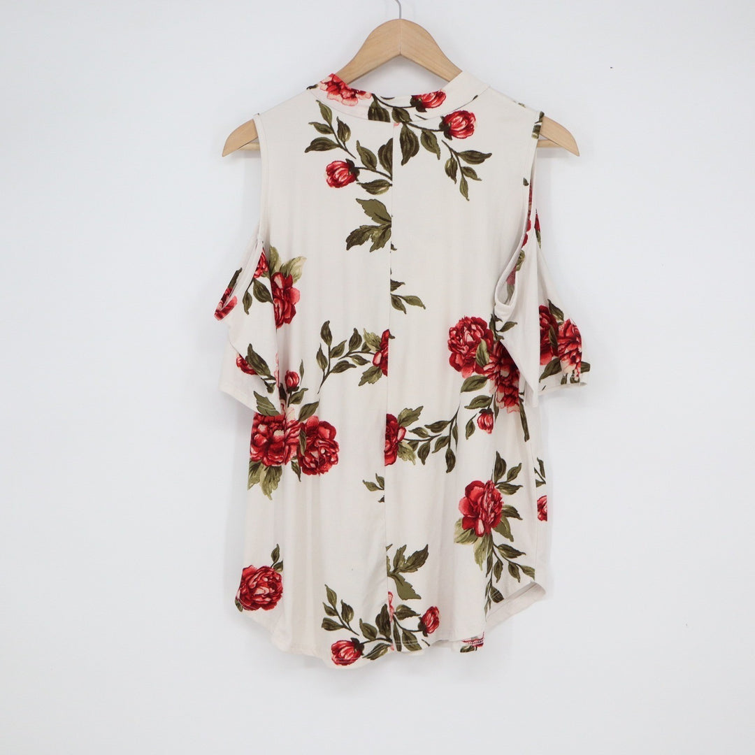 Trendy J Floral Cold Shoulder Top XL Cream Red Peony Strappy Cutout Mock Neck