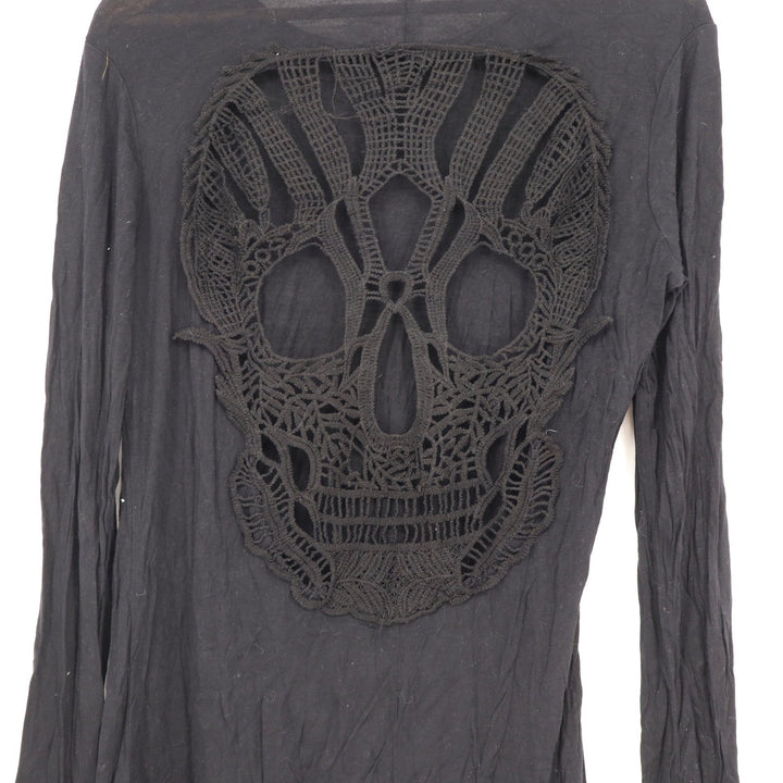 Hua Lan Black Long Sleeve Top Crochet Skull Back Cutout Size M