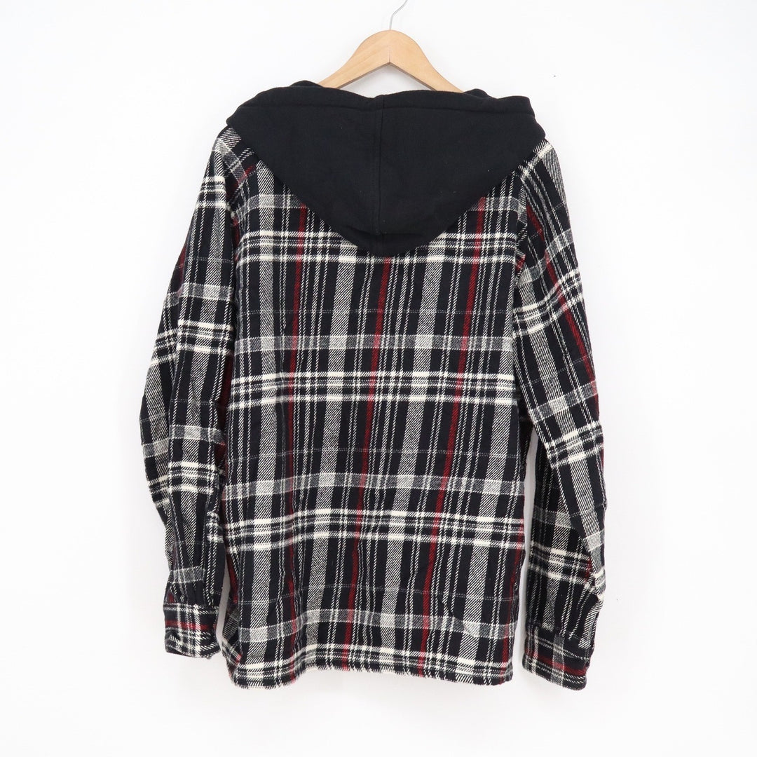 Zara Mens Relaxed Fit Hooded Flannel Shirt Plaid Black Red White Medium 12045