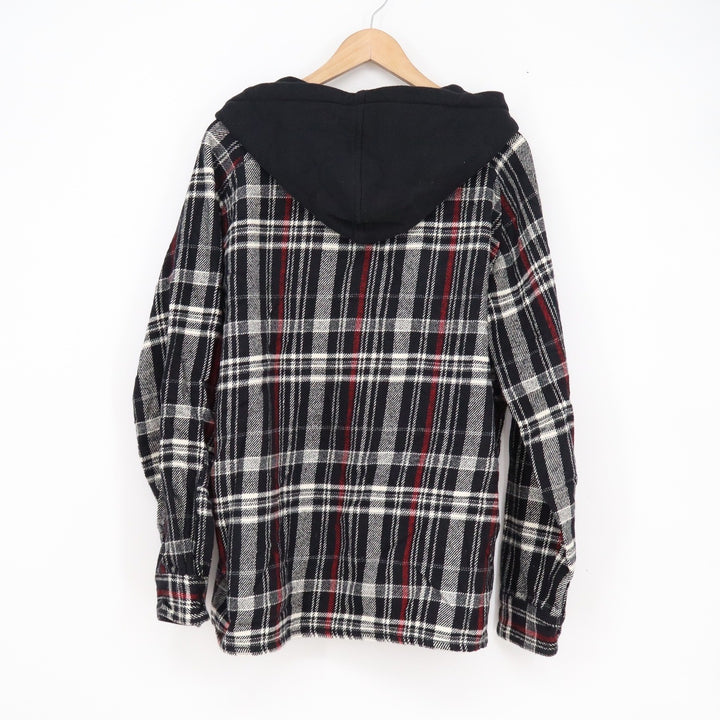 Zara Mens Relaxed Fit Hooded Flannel Shirt Plaid Black Red White Medium 12045