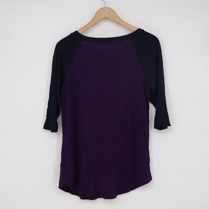 Cool Melon Womens Purple Navy Blue Raglan 3/4 Sleeve Baseball Tee Shirt M