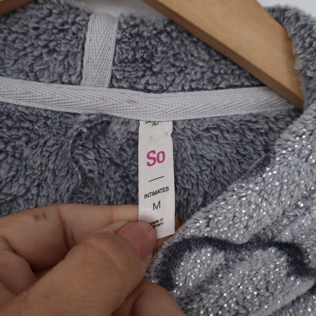 SO Intimates Womens Gray Cloud Glitter Fleece Hooded Union Suit Pajamas Medium