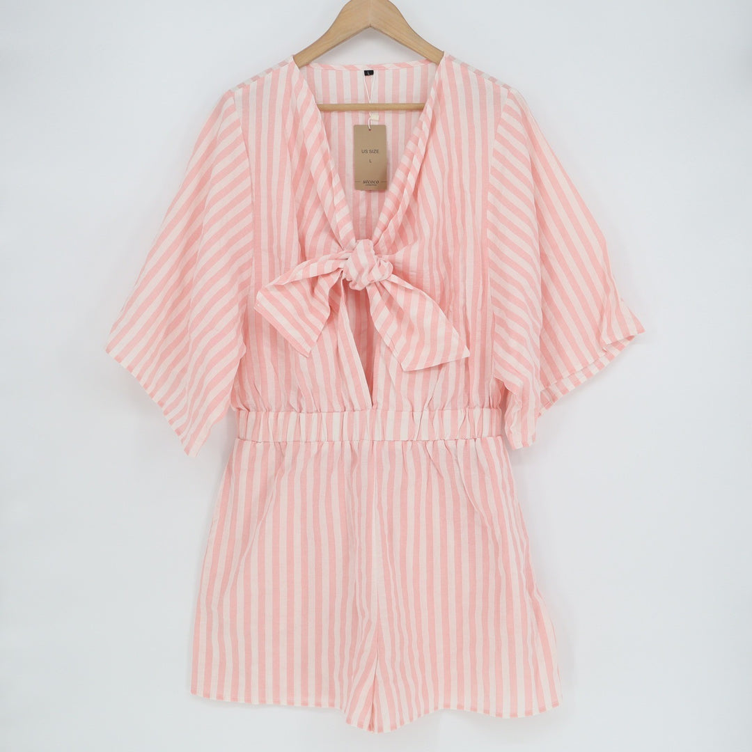 Utcoco Collection Pink White Striped Tie Front Romper Kimono Sleeve Large NEW
