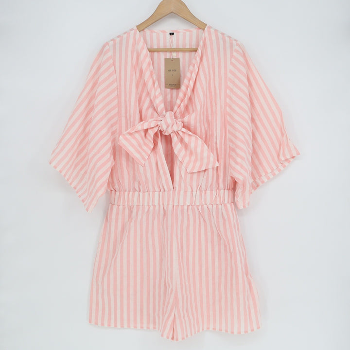 Utcoco Collection Pink White Striped Tie Front Romper Kimono Sleeve Large NEW