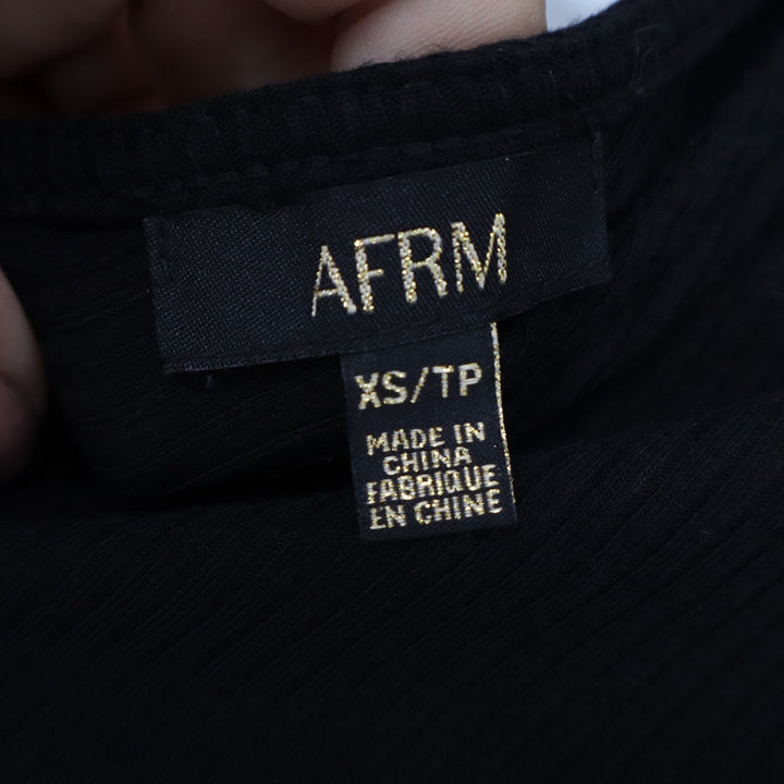 AFRM Womens Black Ribbed V-Neck Long Sleeve Cropped Top Back Strap Detail XS