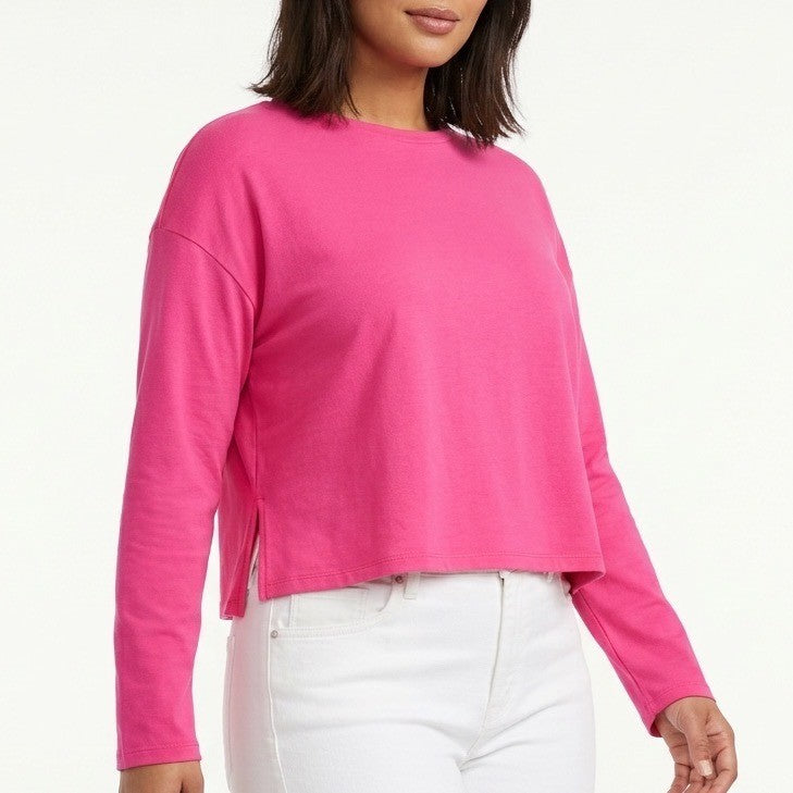 Roudelain Pajama Shirt Women Large Pink Stretch Long Sleeve Round Neck Side Slit