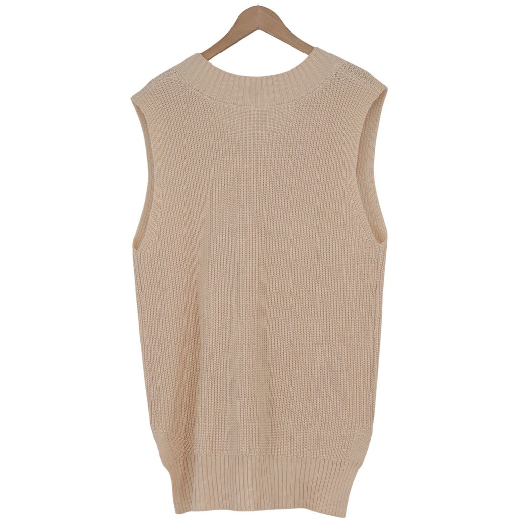 Cream V-Neck Ribbed Knit Oversized Sweater Vest Sleeveless Pullover Medium