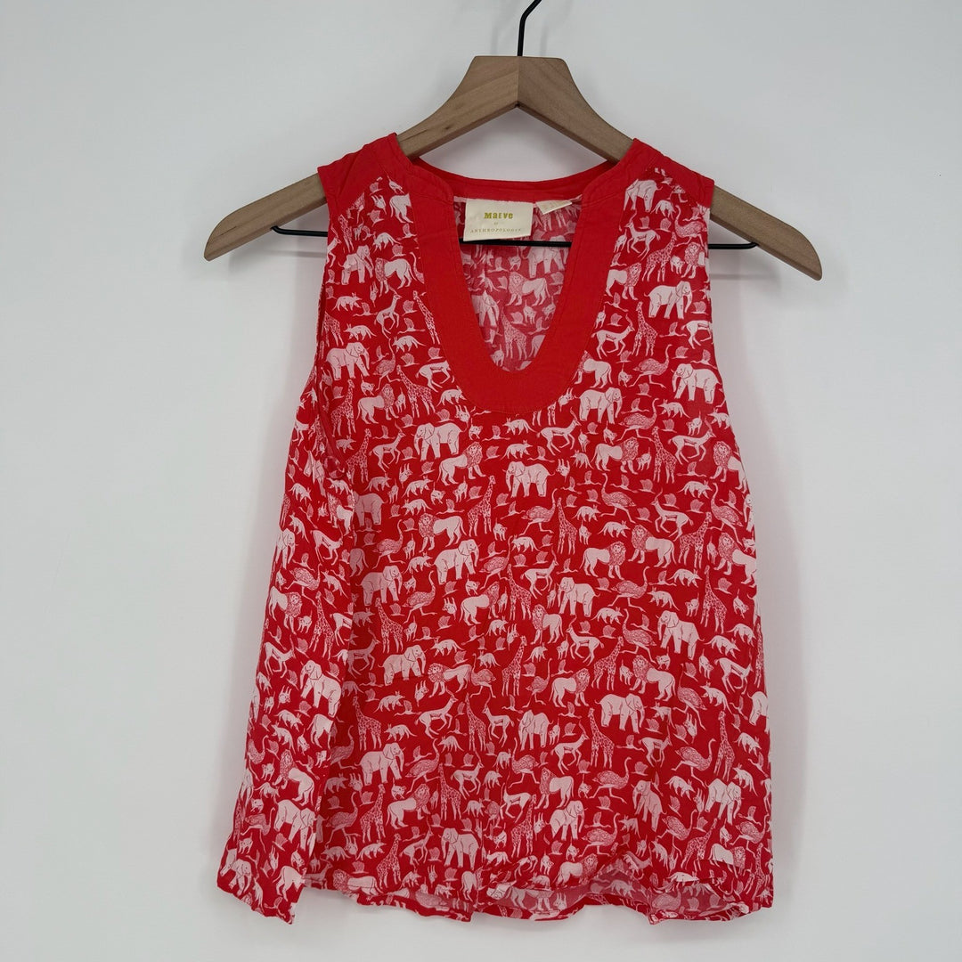 Maeve Anthropologie Red White Animal Safari Print V-Neck Sleeveless Top Size 4