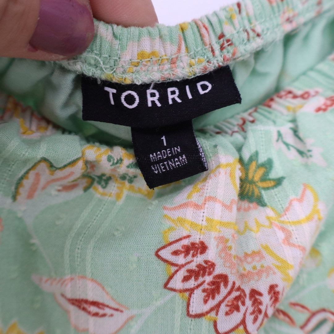 Torrid Mint Green Floral Clip Dot Smocked Peplum Blouse Square Neck Size 1 Plus