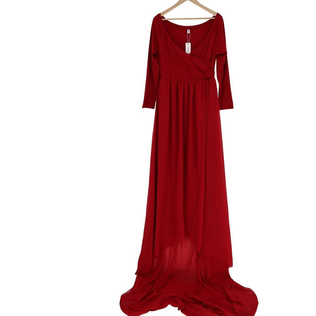 OrderPlus Red Maternity Gown XL Long Sleeve Wrap V-Neck High-Low Maxi Dress