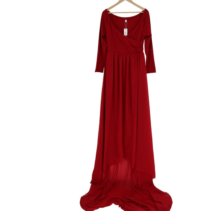 OrderPlus Red Maternity Gown XL Long Sleeve Wrap V-Neck High-Low Maxi Dress