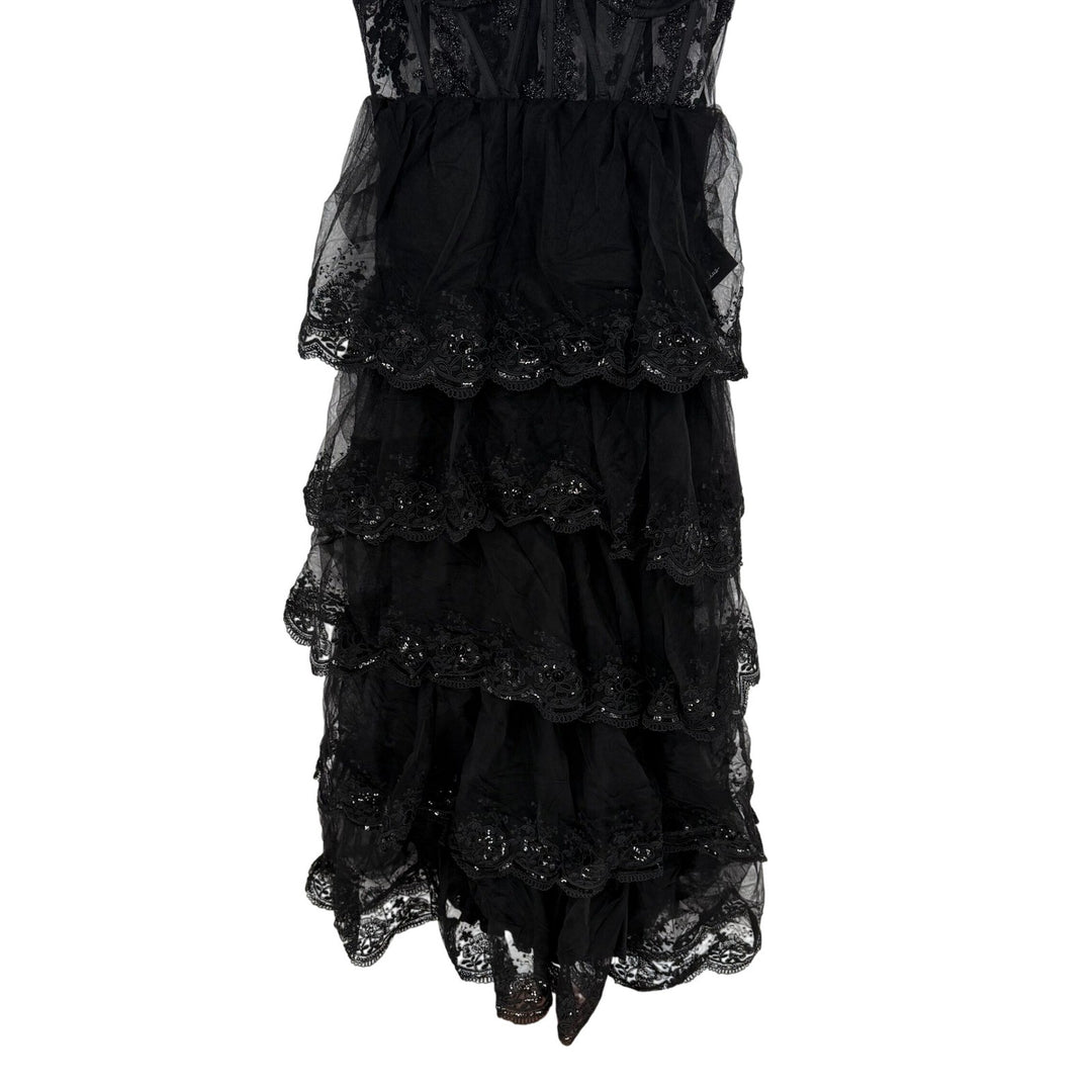 Lulus Alluring Sensation Black Tulle Embroidered Tiered Maxi Dress Size XL