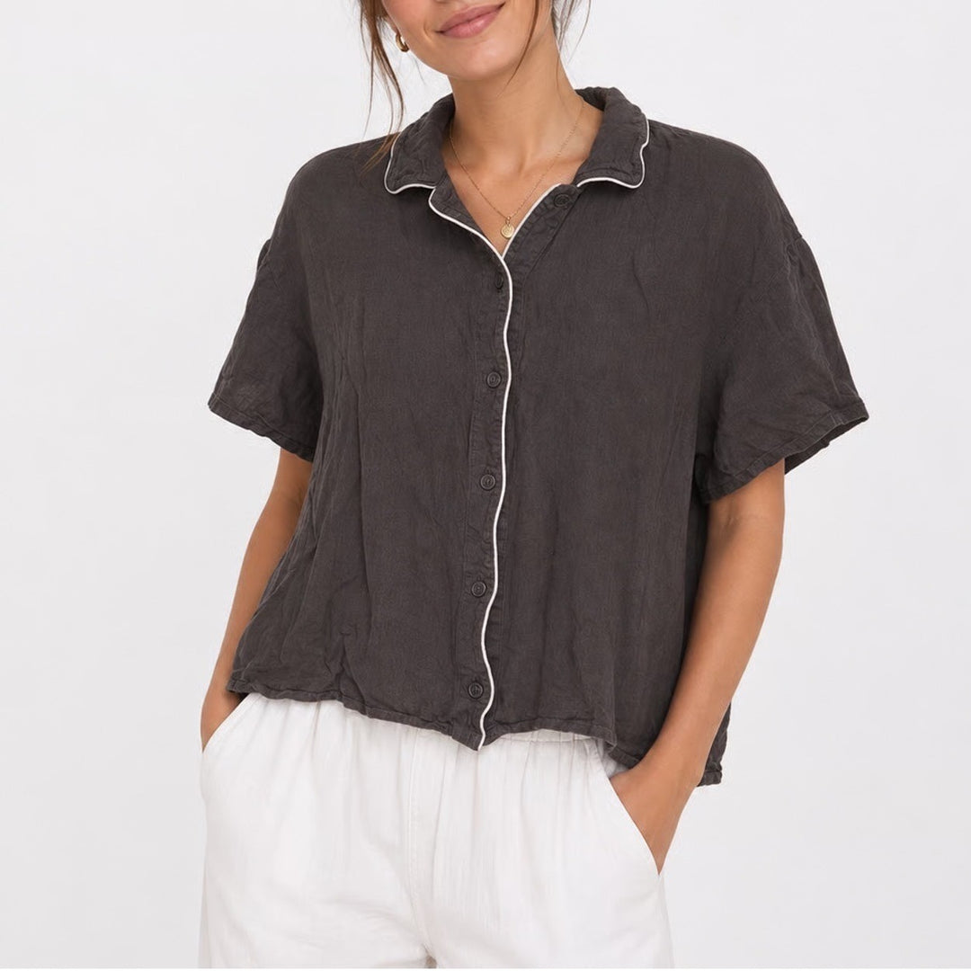 Uniqlo Womens Pajama Top Short Sleeve Button Down Rayon Grey Brown M