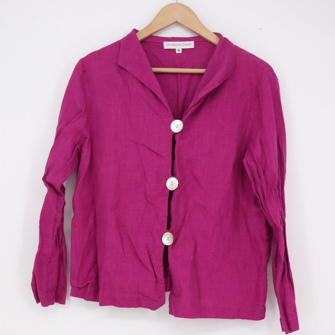Christopher Calvin Magenta Pink 100% Linen Button Front Shirt Jacket Womens S