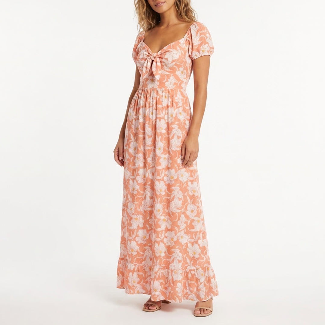 Torrid Peach Floral Smocked Tie Front Maxi Dress Pockets Size 1 Plus Size 1X