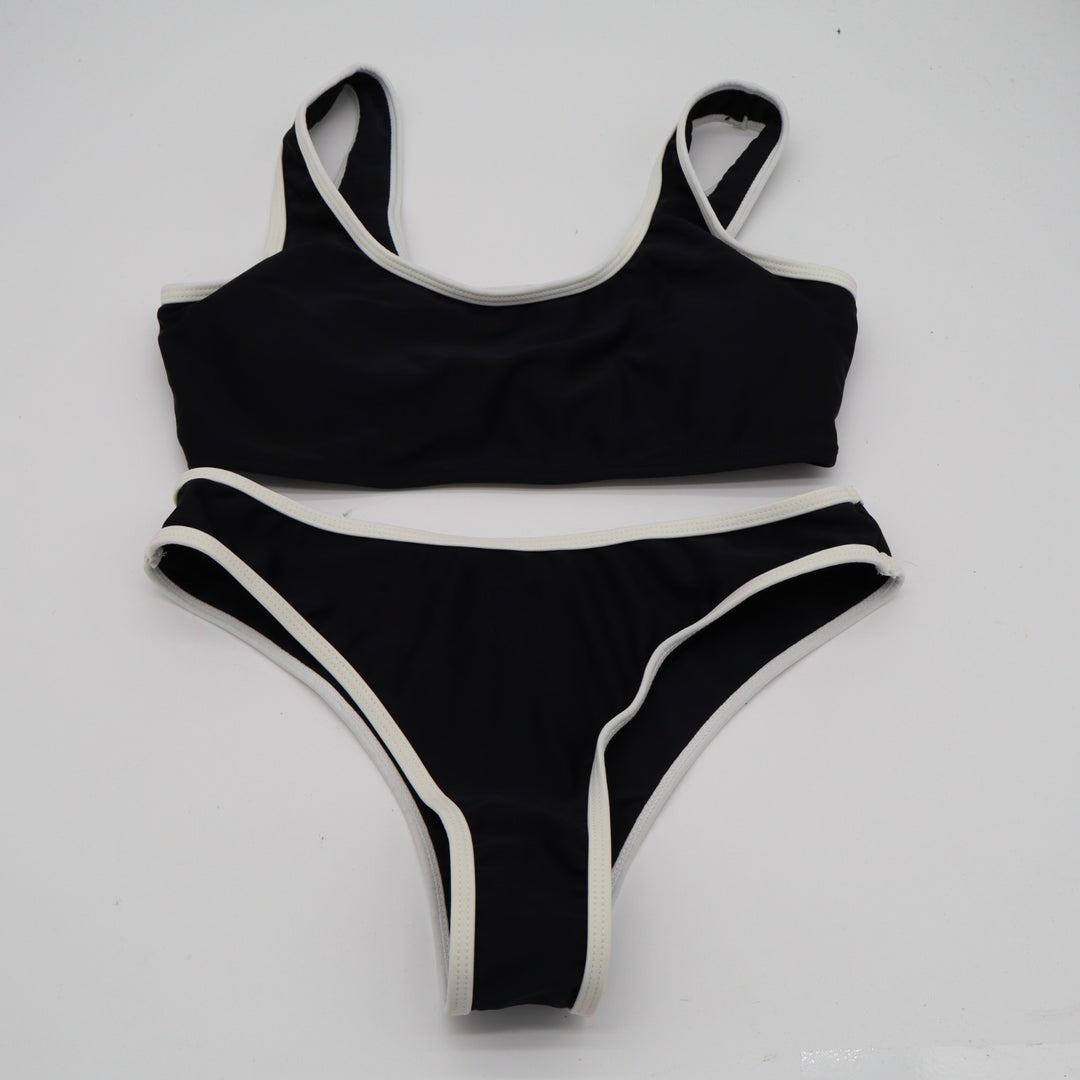 2 Piece Bikini Set Women Small Black White Contrast Trim Stretch Ribbed Swimwear