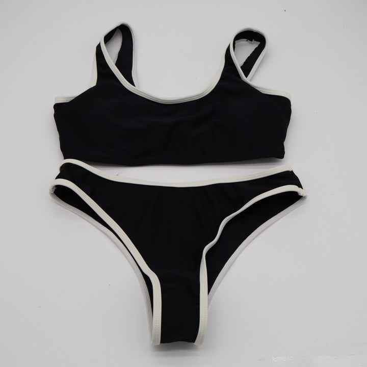 2 Piece Bikini Set Women Small Black White Contrast Trim Stretch Ribbed Swimwear