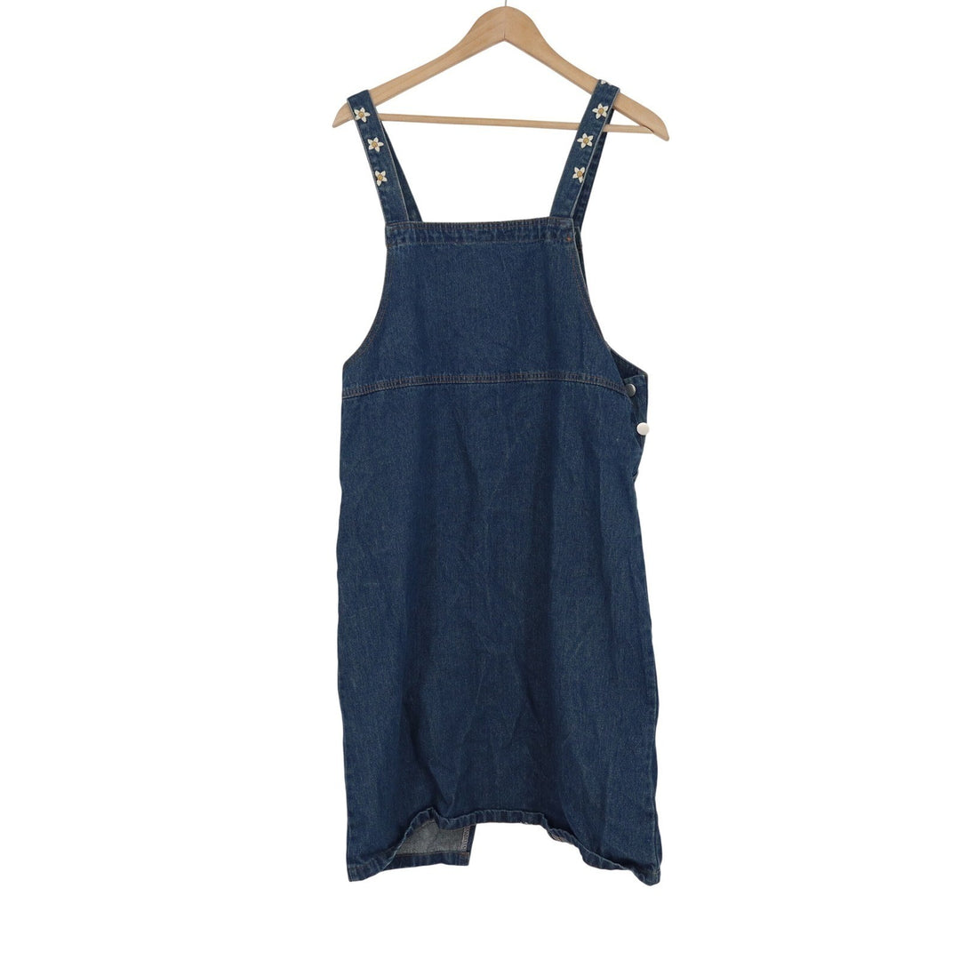 X-Girl Denim Overall Pinafore Dress Blue Daisy Embroidered Straps Midi Size M