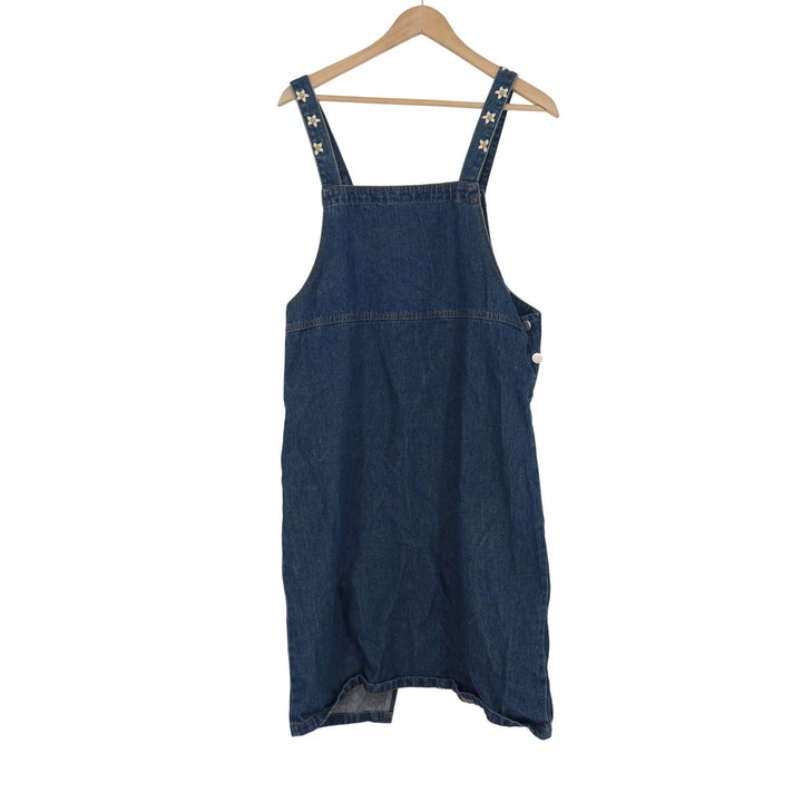X-Girl Denim Overall Pinafore Dress Blue Daisy Embroidered Straps Midi Size M